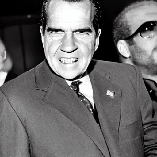 Image similar to photograph of richard nixon as a punk rocker, with a green mohawk and a studded denim jacket