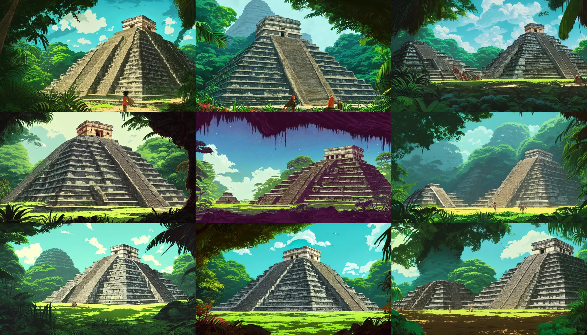 Prompt: ancient maya temple in the jungle, establishing shot, epic composition, artstation, elegant, highly detailed, digital painting, concept art, smooth, sharp focus, illustration, art by studio ghibli, fujita goro, atey ghailan, tom whalen, jean giraud 8 k