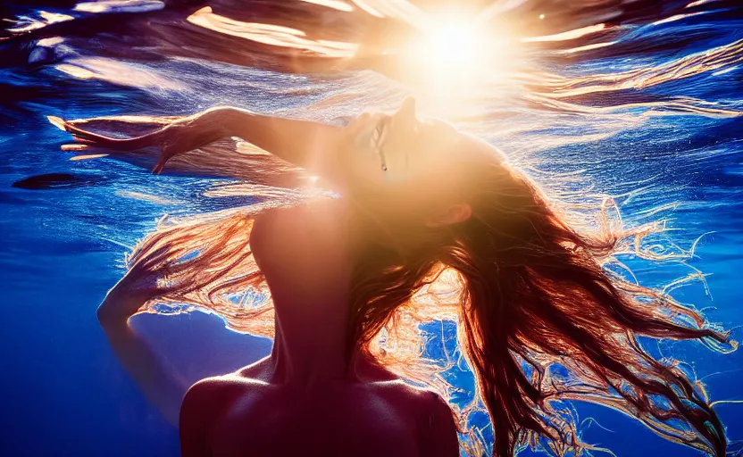 Image similar to photo portrait of woman underwater during sunrise, sunrays, flowing fabric!!, caustics, rippling water, photoshoot, flowing hair, haunting, iconic, fine-art, masterpiece, sharp focus