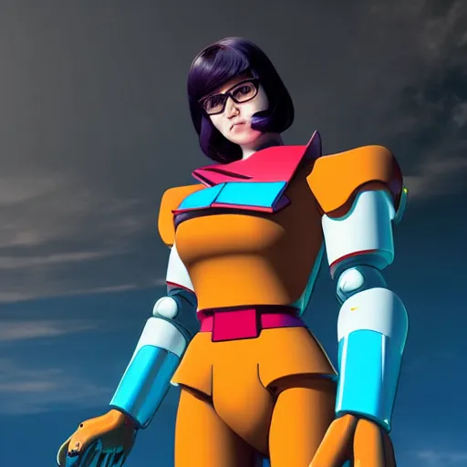 Prompt: Velma from scooby doo as a Gundam, futuristic, giant robot, cyberpunk, high quality, unreal engine 5 render, high quality render, octane render, photo realistic, ultra detail, cinematic lighting, realistic