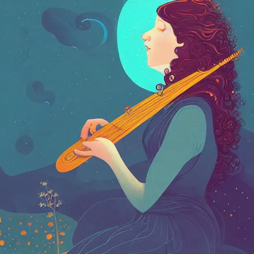 Prompt: stocky irishwoman lute player playing the lute, curly long hair, victo ngai, kilian eng, lois van baarle