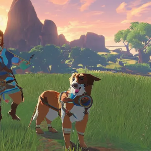 Prompt: australian shepherd with link in breath of the wild