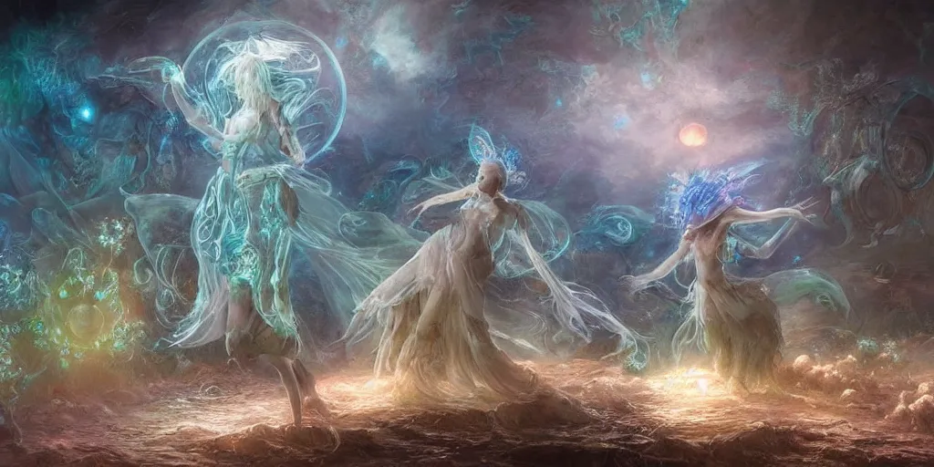 Image similar to concept art of translucent glowing fairies dancing, lovecraftian, renaissance, melting, round moon, rich clouds, fighting the horrors of the unknown, very detailed, volumetric light, mist, fine art, decaying, textured oil over canvas, epic fantasy art, very colorful, ornate intricate scales