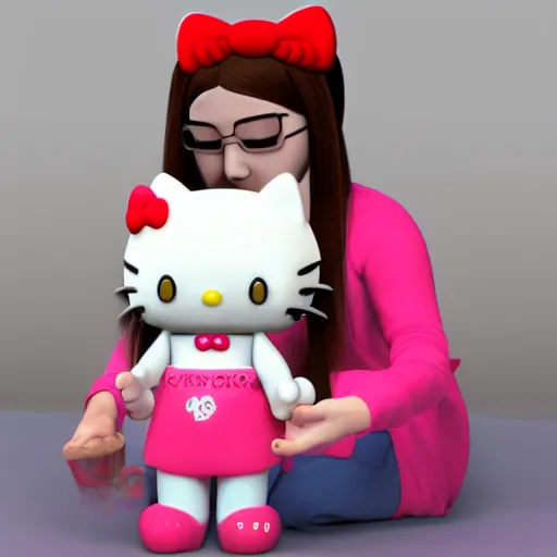 Prompt: Hello Kitty petting a real cat, 3D render, high detail