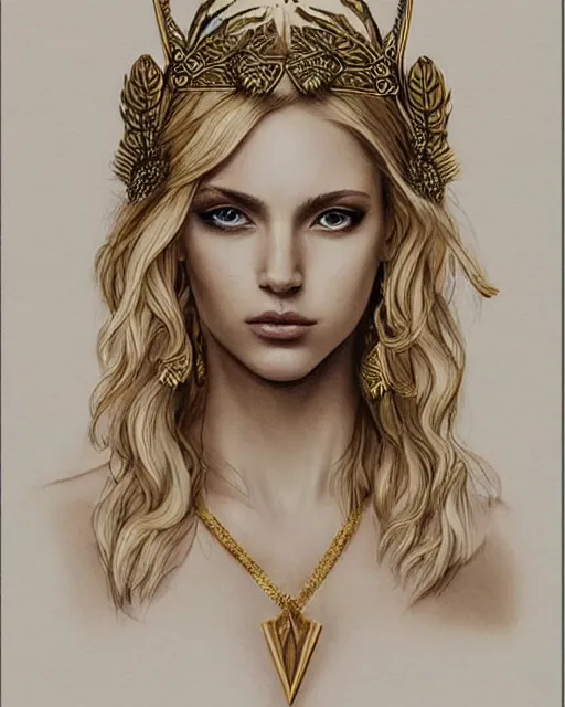 Image similar to tattoo sketch of beautiful super model aphrodite greek goddess wearing a gold laurel wreath and triangle earrings, beautiful piercing gaze with sharp pupils, beautiful blonde hair, in the style of greg rutkowski, fantasy, amazing detail, epic, elegant, smooth, sharp focus, front view