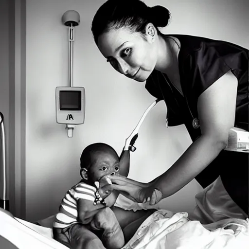 Image similar to “ sensual zonbie nurse treating childs in a hospital, artwork ”