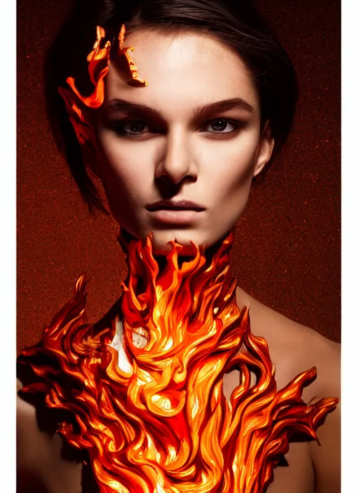 Image similar to sculpture made of flame, portrait, female, future, torch, fire, harper's bazaar, vogue, fashion magazine, intricate, concept art, close up, ornate, luxury, elite, elegant, trending on artstation, by ruan jia, by Kenneth Willardt, by ross tran, by WLOP, by Andrei Riabovitchev,