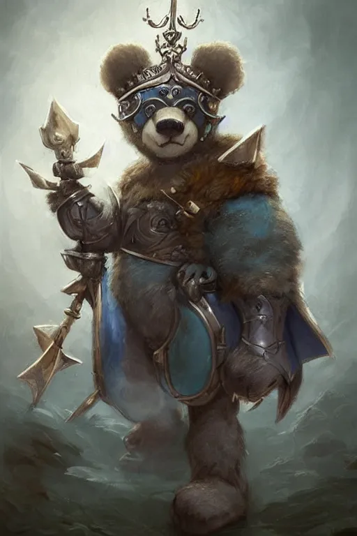 Image similar to cute little anthropomorphic bear knight wearing a cape and a crown, tiny, small, miniature bear, baby animal, short, pale blue armor, cute and adorable, pretty, beautiful, DnD character art portrait, matte fantasy painting, DeviantArt Artstation, by Jason Felix by Steve Argyle by Tyler Jacobson by Peter Mohrbacher, cinematic lighting