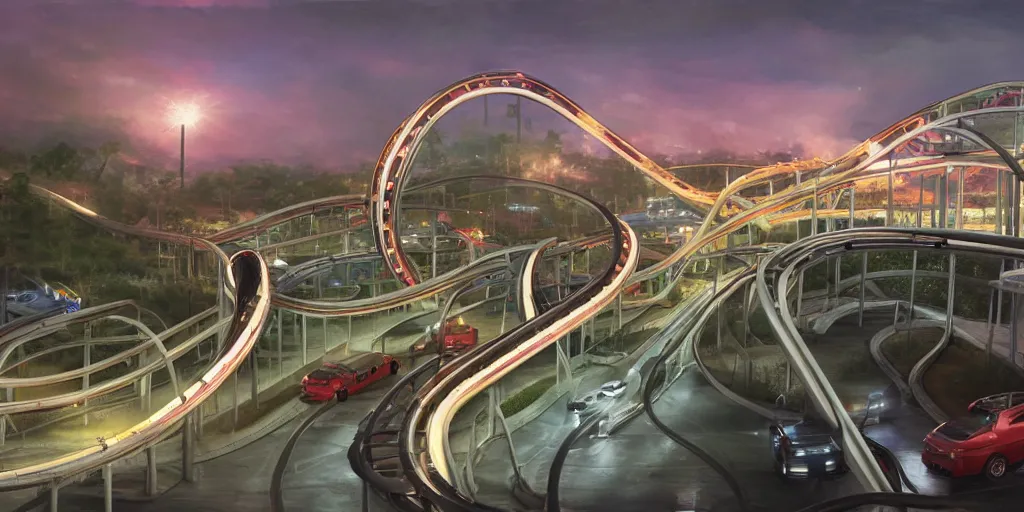 Prompt: a highway that turns into a roller coaster, cinematic lighting, detailed oil painting, hyperrealistic, 8k