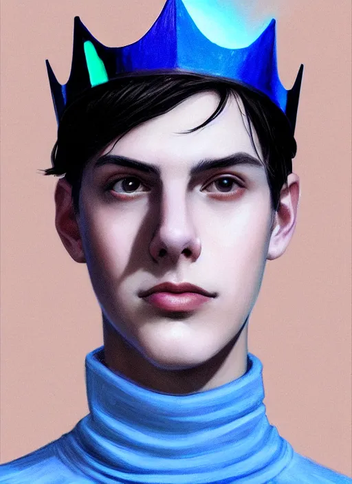 Image similar to portrait of teenage jughead jones wearing a light grey crown, crown, blue turtleneck, closed eyes, photorealistic, black hair, glowing lighting, intricate, elegant, glowing lights, highly detailed, digital painting, artstation, concept art, smooth, sharp focus, illustration, art by wlop, mars ravelo and greg rutkowski