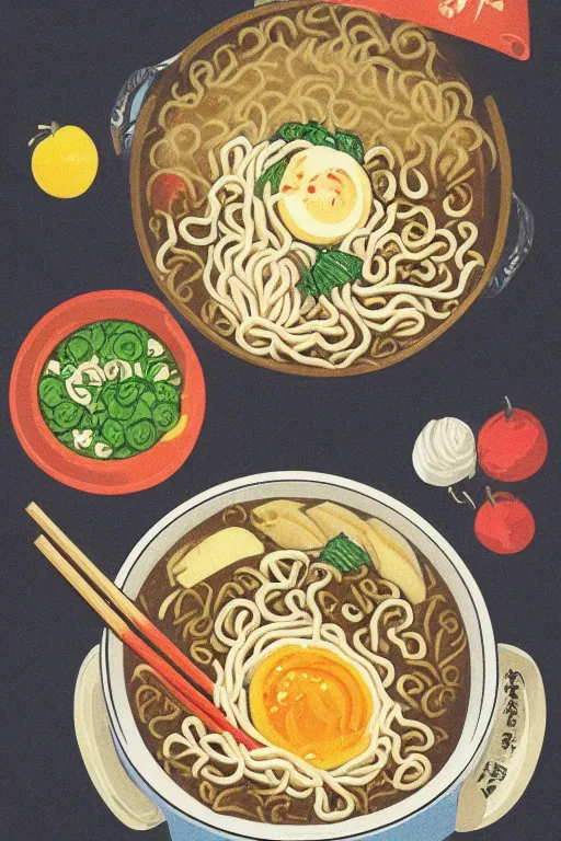 Prompt: a pot of delicious ramen noodles, vintage illustration