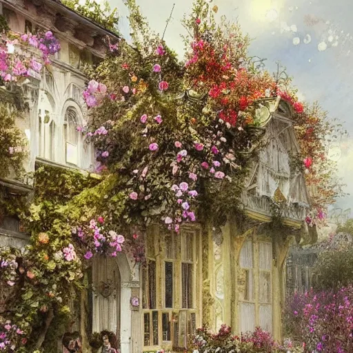 Image similar to a beautifull intricate watercolour painting of a victorian coffe house with many flowers and, reflexions, verry high details by william turner art, greg rutkowski and alphonse mucha, trending on artstation, very very detailed, masterpiece,