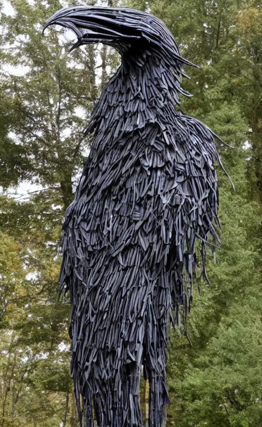 Image similar to imposing scary intricate raven outdoor sculpture made of oily cords