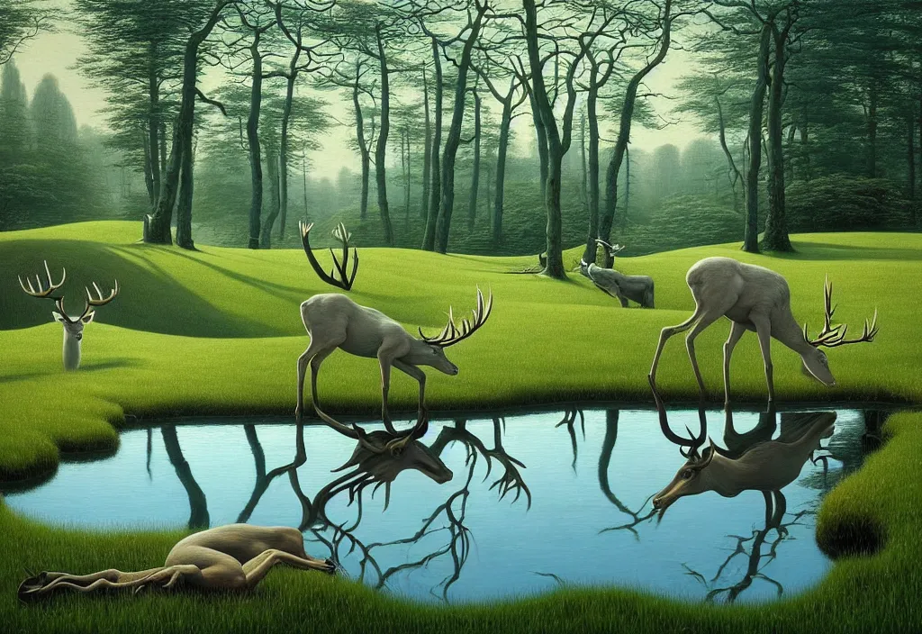 Image similar to hyper detailed 3d render like a Oil painting - white stag drinking from reflecting pool in a peaceful lush meadow, by Jacek Yerka, Mariusz Lewandowski, Houdini algorithmic generative render, Abstract brush strokes, Masterpiece, Edward Hopper and James Gilleard, Zdzislaw Beksinski, Mark Ryden, Wolfgang Lettl, hints of Yayoi Kasuma, octane render, 8k