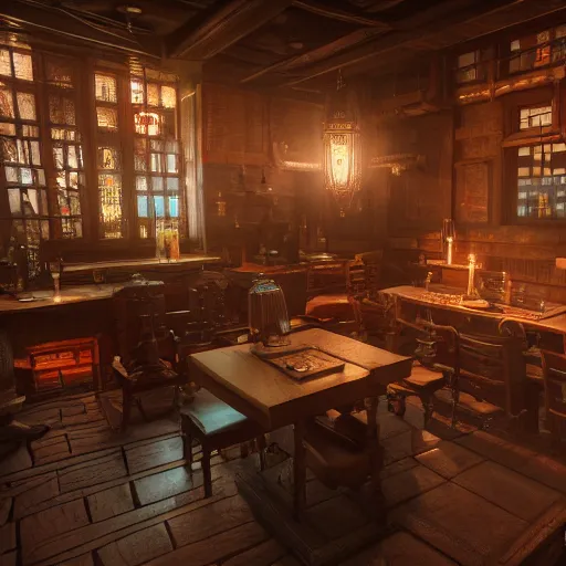 Prompt: Interior design Tavern in Mixed style of Medieval and in style of Cyberpunk, Many details by Hiromasa Ogura. Rendered in unreal engine 5, artstationHD, 4k, 8k, 3d render, 3d Houdini, cinema 4d, octane RTX volumetric natural light