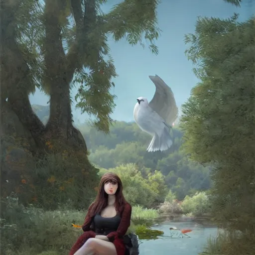 Image similar to Anthropomorphic bird, sitting at a pond, mountainous area, trees in the background, oil painting, by Fernanda Suarez and Edgar Maxence and Greg Rutkowski