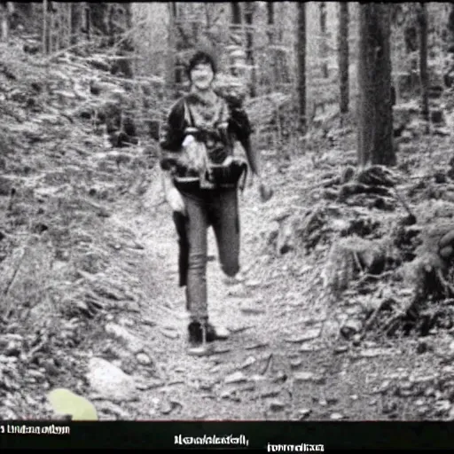 Prompt: A screen capture of found footage video left behind by a missing hiker in 1986