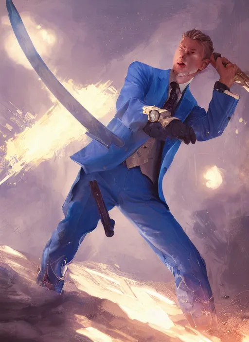 Image similar to a man in a blue suit with blond hair swinging a sword and holding a pistol, fantasy, d & d, heartstone, digital painting, volumetric light, intricate, sharp, focus, bloom, illustration, highly detailed, concept art, matte, ruan jia, randy vargas, greg rutkowski