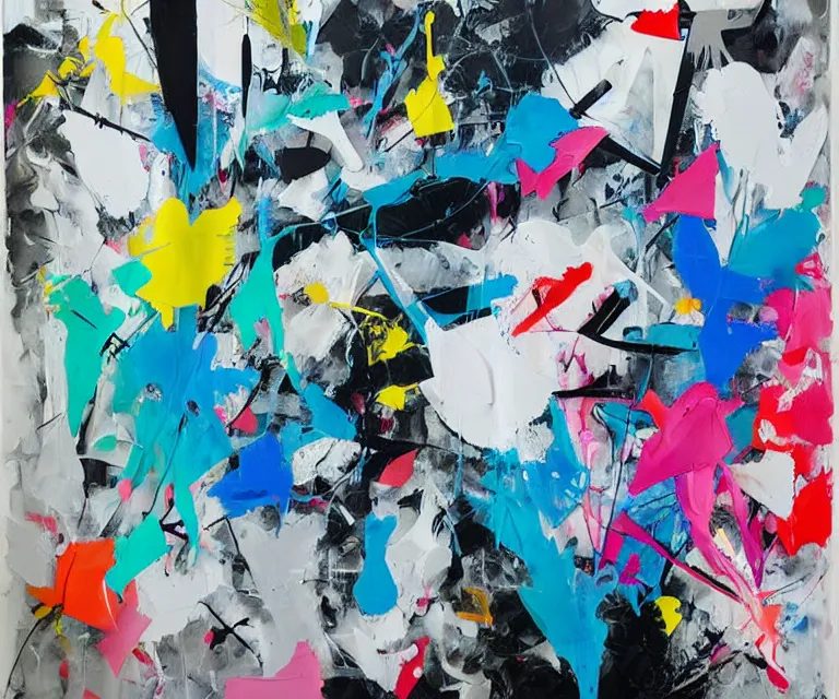 Prompt: abstract expressionist painting, paint drips, acrylic, graffiti throws, wildstyle, clear shapes, spraypaint, smeared flowers, origami crane drawings, oil pastel gestural lines, large triangular shapes, painting by ashley wood