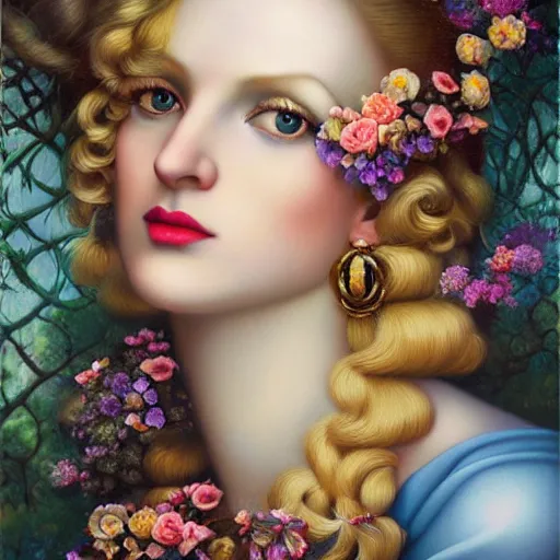 Prompt: centered portrait composition, woman with blonde hair full of spring flowers wearing ornate earrings, ornate gilded details, pastel colors, a surrealist painting by tom bagshaw and jacek yerga and tamara de lempicka and jesse king, wiccan, pre - raphaelite, featured on cgsociety, pop surrealism, surrealist, dramatic lighting