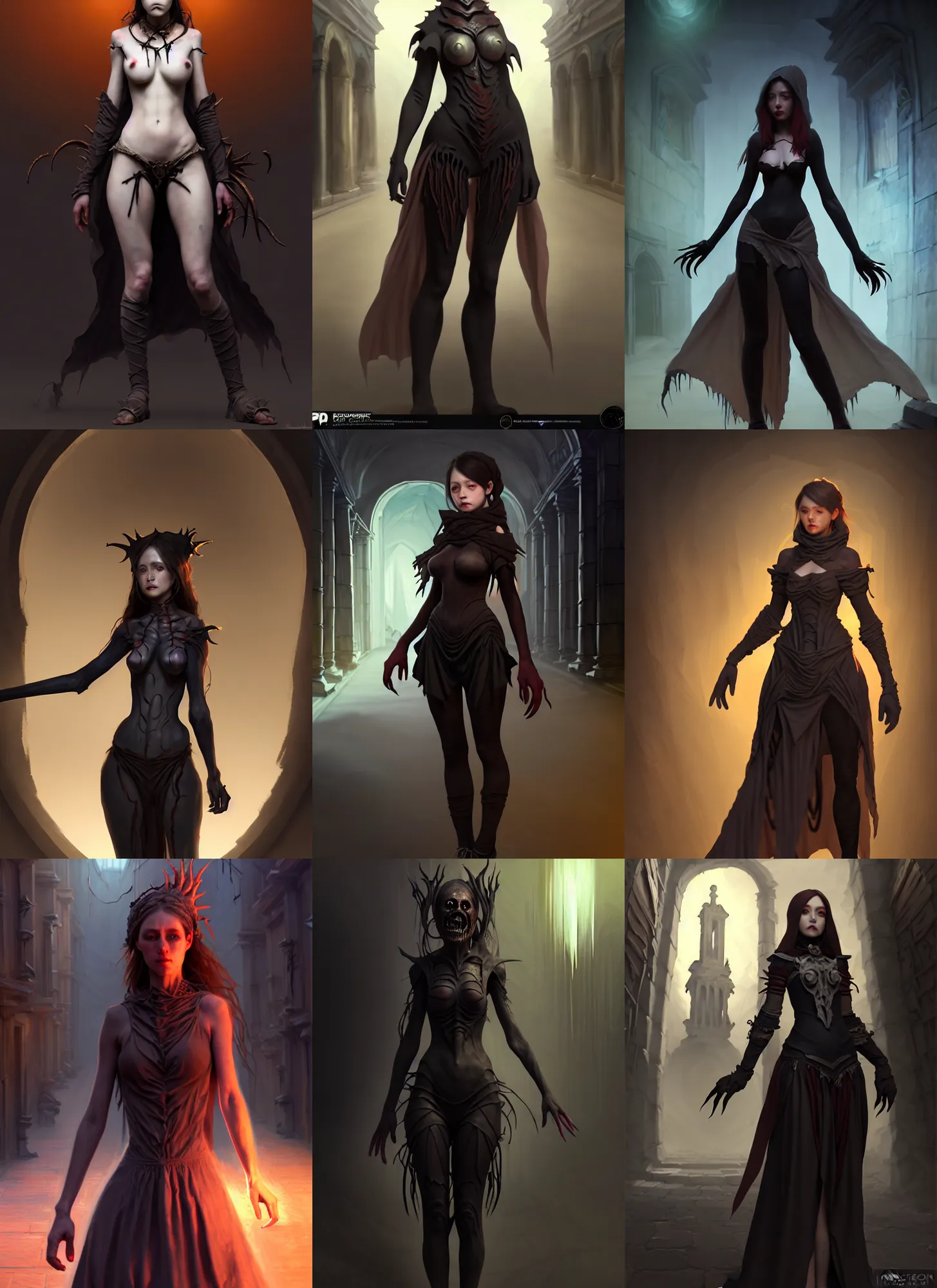 Prompt: costume design from dark horror creature designers, sophisticated composition, old masters light composition, procedurally generated, epic mage girl character posing for concept art, ancient city streets behind her, substance designer, PBR, HD, Ultra detailed, hyperrealistic, megascans, volumetric light, concept by master artist, made in paint tool SAI2, trending pixiv face