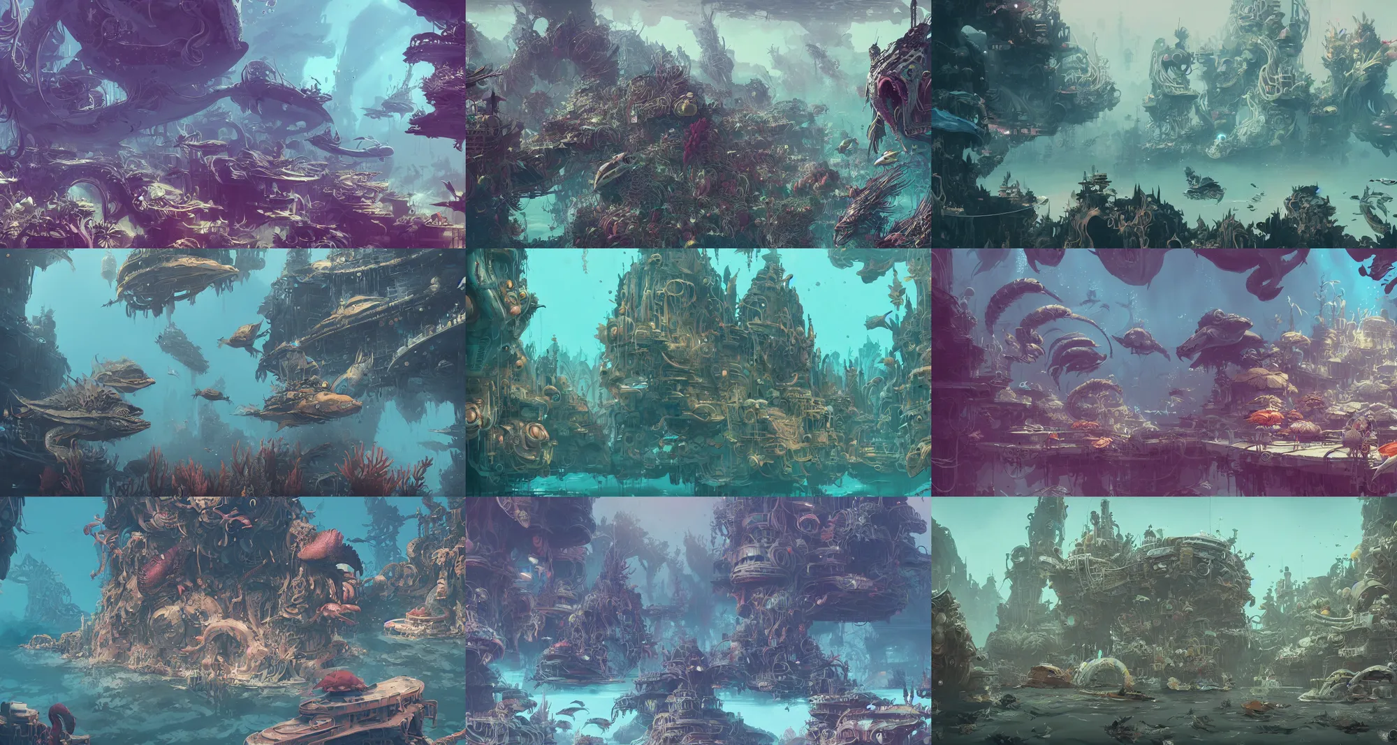 Prompt: a beautiful detailed matte painting of underwater creature city world by by greg tocchini, by james gilleard, by joe gb fenton, by kaethe butcher, dynamic lighting, vibrant, clean, grunge aesthetic, octane render, artstation