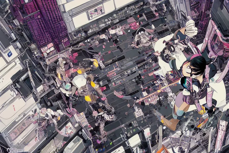 Image similar to a cyberpunk illustration of a group of four super-coherent female androids dressed in seifuku in style of masamune shirow, lying scattered across an empty, white floor with their bodies rotated in different poses and cables and wires coming out, by yukito kishiro and katsuhiro otomo, hyper-detailed, intricate, view from above, colorful