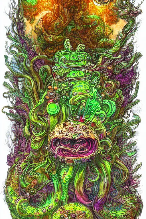 Image similar to creature sushi roots cactus elemental flush of force nature micro world fluo light deepdream a wild amazing steampunk baroque ancient alien creature, intricate detail, colorful digital painting