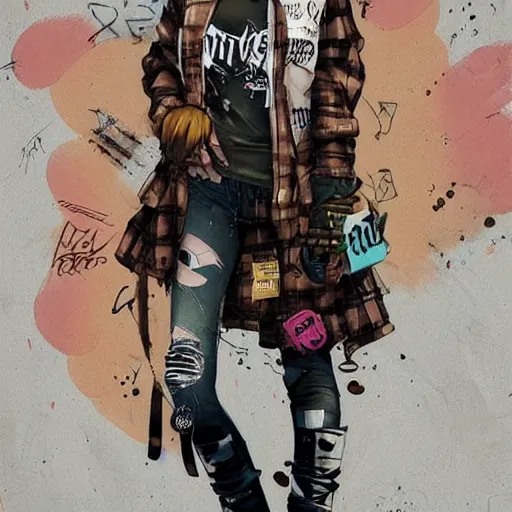 Image similar to highly detailed portrait of a sewer punk lady, tartan hoody, white ringlet hair by atey ghailan, by greg rutkowski, by greg tocchini, by james gilleard, by joe fenton, by kaethe butcher, gradient peach, brown, blonde cream and white color scheme, grunge aesthetic!!! ( ( graffiti tag wall background ) )