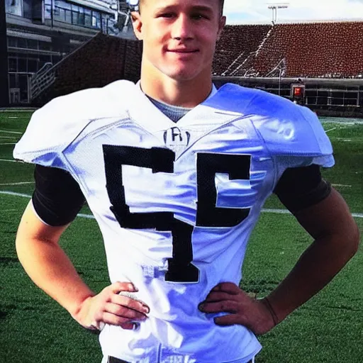 Image similar to “ a realistic detailed photo of a guy who is an attractive humanoid who is half robot and half humanoid, who is a male android, football player christian mccaffrey, shiny skin, posing like a statue, blank stare, on the field, on display ”