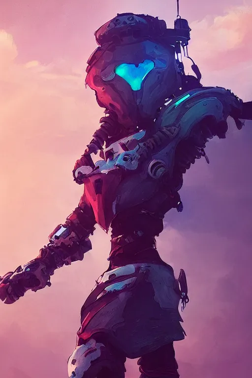 Image similar to combination suit armor aloy horizon forbidden west horizon zero dawn radiating a glowing aura global illumination ray tracing hdr fanart arstation by ian pesty and alena aenami artworks in 4 k tribal robot ninja mask helmet backpack