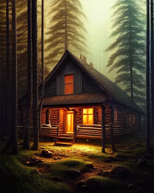 Image similar to a hyper - detailed 3 d render like an oil painting of cabin in the woods floating inside our own consciousness!!!!! surreal concept art, lifelike, photorealistic, digital painting, aesthetic, smooth, sharp focus, artstation hd, by greg rutkowski, bruce pennington, valentina remenar, rhads, asher duran,