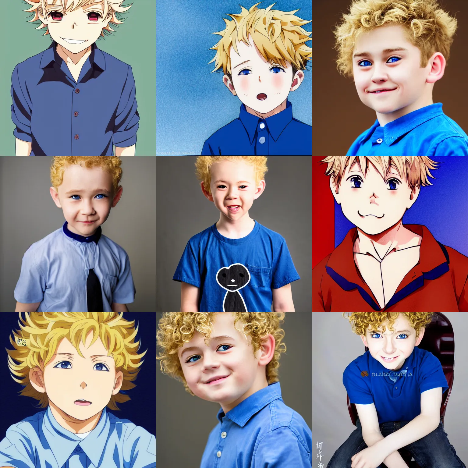 Prompt: A medium shot anime portrait of a little smiling anime boy with extremely short curly wavy light blonde hair and blue eyes, buzzed sides, blue-eyed, chubby face, very young, little boy, medium shot portrait, curls on top of his head, his whole head fits in the frame, collared shirt, solid color background, flat anime style shading, head shot, 2d digital anime drawing by Stanley Artgerm Lau, WLOP, Rossdraws, James Jean, Andrei Riabovitchev, Marc Simonetti, and Sakimi chan, trending on artstation