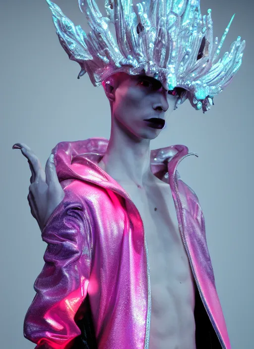 Prompt: photo of baroque and bladerunner delicate neon ruby sculpture of seductive ceramic albino king adrien sahores delicious pink iridescent humanoid deity wearing black fluffy hoody holding diamond skull in a black metallic dungeon, reclining, glowing rainbow face, crown of white diamonds, cinematic lighting, photorealistic, octane render 8 k depth of field 3 d