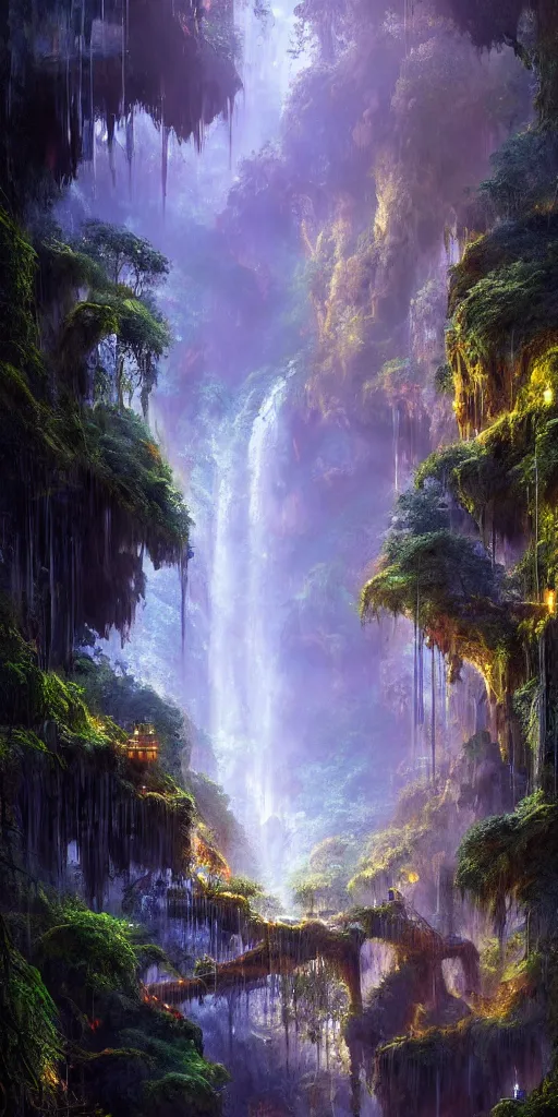 Prompt: a digital painting of a cave entrance in a mystical forest with waterfalls and vines hanging from trees, fireflies glowing in various colors, desaturated, a detailed matte painting by stephan martiniere, cgsociety, fantasy art, matte painting, concept art, fractalism, night