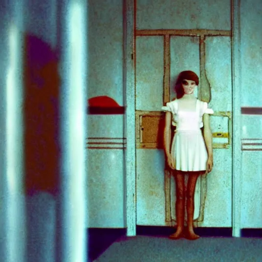 Image similar to an ivory girl in an soviet golden liminal abandoned room, film still by wes anderson, depicted by david lynch, limited color palette, very intricate, art nouveau, highly detailed, lights by hopper, soft pastel colors