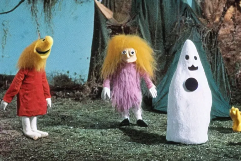 Image similar to a color still from a weird 1972 kids tv show where a sad cheese puppet and a furry ghost have a tickle party with death tent