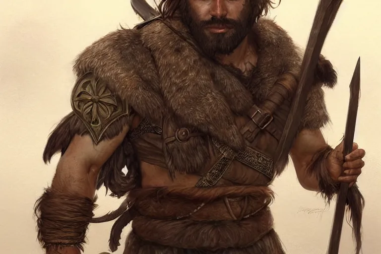 Image similar to full body portrait of a gruff ranger with a spear, lean and toned, handsome face, hairy chest and hairy body, D&D, intricate, elegant, highly detailed, digital painting, artstation, concept art, matte, sharp focus, illustration, art by Artgerm and Greg Rutkowski and Alphonse Mucha