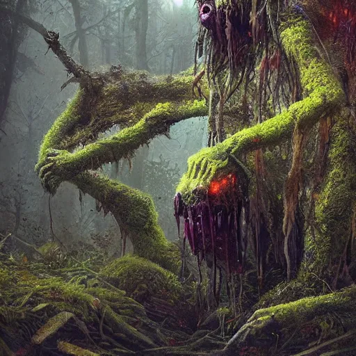 Prompt: a beautiful terrifying monster made out of moss and flowers, emerging from the undergrowth. ethereal horror fantasy art by greg rutkowski