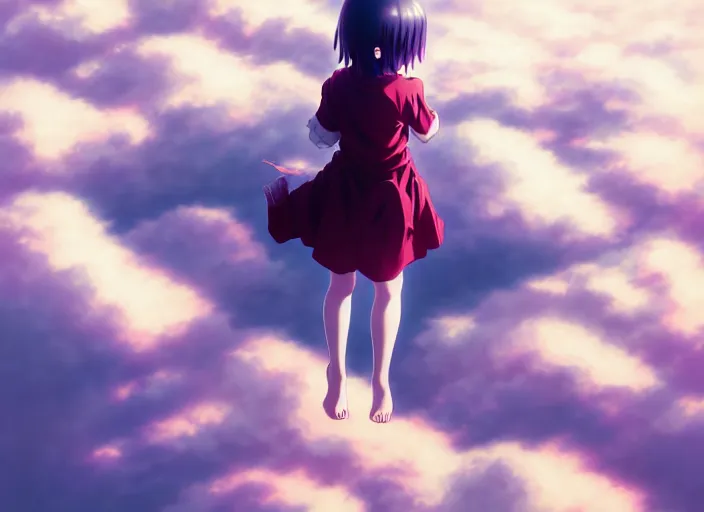 Prompt: anime a young a girl floating inside clouds,ink, Karolis Strautniekas,omoide emanon, tsuruta kenji, murata range,kawaii, kyoto animation, manga, intricate, detailed, studio lighting, gradation,editorial illustration, matte print, Ilya Kuvshinov