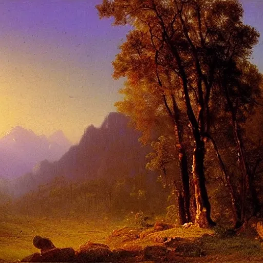 Prompt: scenic landscape of a valley at dawn, Albert Bierstadt, inspiring, realistic painting