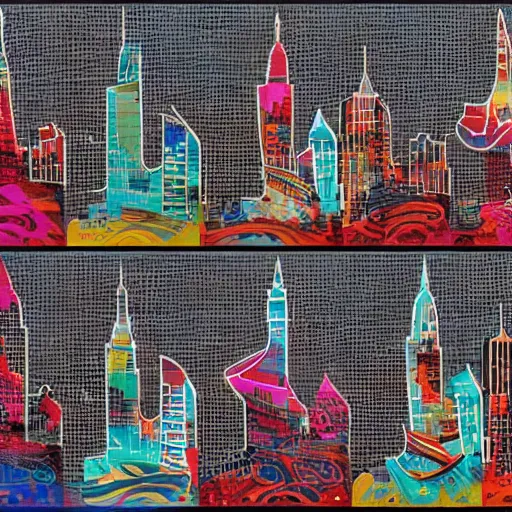 Prompt: cleveland skyline made of music notes and guitars, painted by Lilia Alvarado, trending on artstation