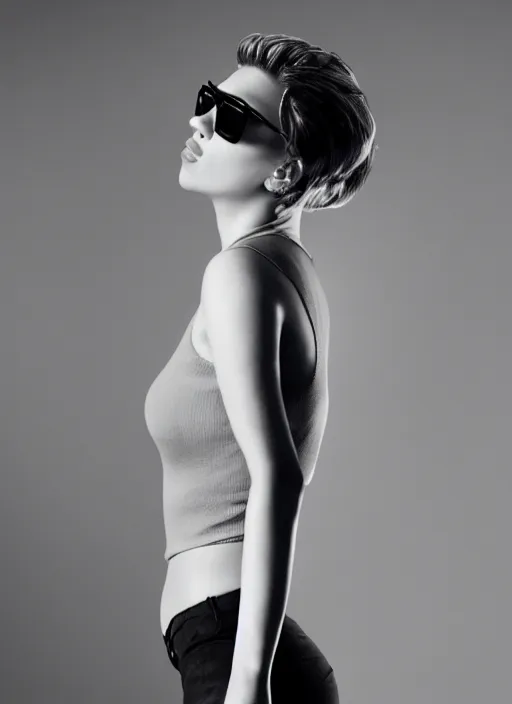 Prompt: scarlett johansson wearing sunglasses, centered full body rear-shot, pov from rear, in tight pants, real photo, photoshooting, studio light, black background, intricate, epic lighting, cinematic composition, hyper realistic, 8k resolution, unreal engine 5