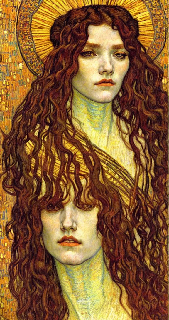 Image similar to detailed realistic beautiful young medieval queen face portrait by jean delville, gustav klimt and vincent van gogh, art nouveau, symbolist, visionary, gothic, pre - raphaelite, muted earthy colors, desaturated