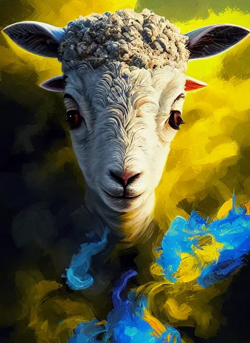 Image similar to a painting of a lamb's face with blue and yellow smoke coming out of, a digital painting by petros afshar, behance contest winner, digital art, behance hd, digital illustration, digital painting