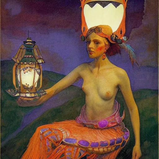 Image similar to queen of the dawn with her lantern, by Annie Swynnerton and Nicholas Roerich and Diego Rivera, bioluminescent skin, feather tattoos, elaborate costume, geometric ornament, symbolist, soft colors, smooth, sharp focus, extremely detailed