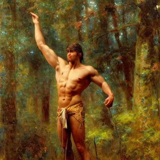 Prompt: young god of the forest with a muscular body type, painting by Gaston Bussiere, Craig Mullins