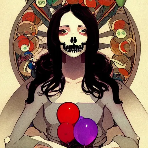 Prompt: a portrait of a girl holding balloons, skull face, in the style of mucha, charlie bowater, atey ghailan and mike mignola, vibrant colors and hard shadows and strong rim light, comic cover art, trending on artstation