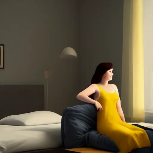 Image similar to A girl with dark hair in a yellow nightgown sits on a bed in a room with light gray walls, sunset light, by edward hopper. cinematic, hyper realism, high detail, octane render, 8k, iridescent accents