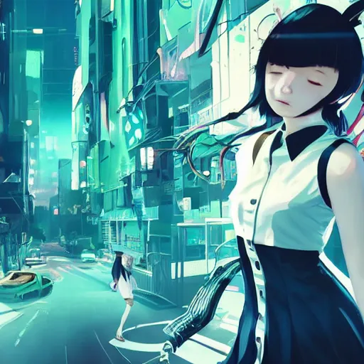 Prompt: Frequency indie album cover, luxury advertisement, white and teal colors. highly detailed post-cyberpunk sci-fi close-up schoolgirl in asian city in style of cytus and deemo, mysterious vibes, by Ilya Kuvshinov, by Greg Tocchini, nier:automata, set in half-life 2, beautiful with eerie vibes, very inspirational, very stylish, with gradients, surrealistic, postapocalyptic vibes, depth of filed, mist, rich cinematic atmosphere, perfect digital art, mystical journey in strange world, bastion game, arthouse